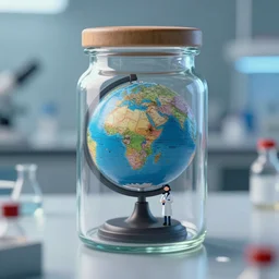 a tiny globe!!!!!!!!!! inside a jar, the jar is carried by a scientist, in a laboratory, digital art, greg rutkowski, artstation