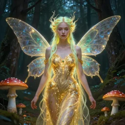 stunningly beautiful female faerie priestess in amanita muscaria forest landscape, symmetrical wings on back, neon hair, fantasy art, wearing a dress of gossamer gold, inner glow, dark light night, sharp focus, digital painting, 4 k, concept art, art by wlop, greg rutkowski and alphonse mucha, brom, face by otto schmidt