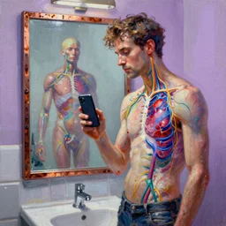 a beautiful glitched oil painting by robert proch of a man standing with his phone in front of a bathroom mirror, anatomy study of the human nervous system, color bleeding, pixel sorting, copper oxide and rust materials, brushstrokes by jeremy mann, cold top lighting, pastel purple background