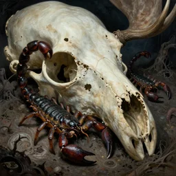 scorpions!!!!!!!!!!! crawling through the cavities of a (((large moose skull))), Zdzislaw Beksinski, Wayne Barlowe, gothic, cosmic horror, worm's-eye view, close-up, dystopian, biomorphic, lovecraftian, amazing details