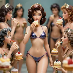 closeup of a tin toy bikini girl eating cakes, depth of field, zeiss lens, detailed, symmetrical, centered, fashion photoshoot, by nicoletta ceccoli, mark ryden, lostfish, earl nore, hyung tae, frank frazetta, breathtaking, 8 k resolution, extremely detailed, beautiful, establishing shot, artistic, hyperrealistic, octane render