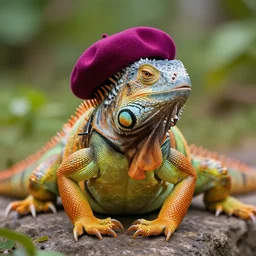 psychedelic iguana wearing beret