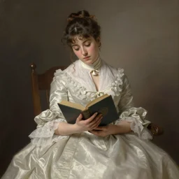 young victorian lady in ball gown, absent - minded, holding a book, painted by alfred stevens