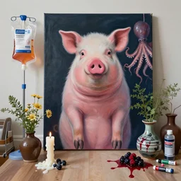 “ a portrait in a female art student ’ s apartment, sensual, a pig theme, art supplies, surgical iv bag, octopus, ikebana, herbs, a candle dripping white wax, japanese pottery, squashed berries, berry juice drips, acrylic and spray paint and oilstick on canvas, surrealism, neoexpressionism ”