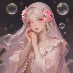 portrait of magical muslim girl, dreamy and ethereal, expressive pose, big pink eyes, peaceful expression, ornate frilly dress, fantasy, intricate, elegant, many rainbow bubbles, rose tones, highly detailed, digital painting, artstation, concept art, smooth, sharp focus, illustration, art by artgerm and greg rutkowski and alphonse mucha