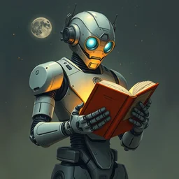 a scifi robot reading from many books, illustration