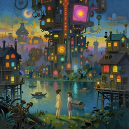 a beautiful painting of a dystopian steampunk landscape, a lake with boats, houses on stilts, different colour led lights and neon, by alfons maria mucha and julie dillon and makoto shinkai