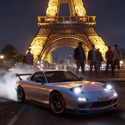 highly detailed mazda rx 7 drifting in paris at night, in gta v, stephen bliss, drift smoke, unreal engine, fantasy art by greg rutkowski, loish, rhads, ferdinand knab, makoto shinkai and lois van baarle, ilya kuvshinov, rossdraws, tom bagshaw, global illumination, radiant light, detailed and intricate environment