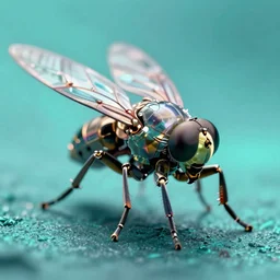 high quality macro mecha metallic tachinid fly! gorgeous highly detailed hannah yata elson peter cinematic turquoise lighting high quality low angle hd 8k sharp shallow depth of field