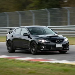 black GT4 Mazdaspeed3 black plain livery simple, racing on track photo 2008 cinematic motion blur dof