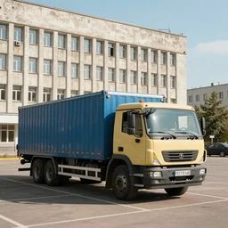 highly detailed photograph of shark truck in brutalist soviet office building parking lot sunshine kodachrome