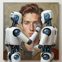 robot artist painting a self - portrait on a canvas. intricate, highly detailed, digital matte painting in the style of sachin teng, and in the style of hans thoma, and in the style of gil elvgren. irony, recursion, inspiration.