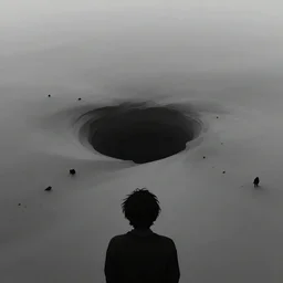a silhouette of a soul lost in a black void, disturbing shapes in the distance, aerial view, pov of someone watching, 8 k digital concept art