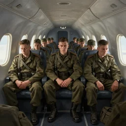soldiers sitting inside a plane on their way to the battlefield, an emotionless look on their faces, digital painting, highly detailed, illustration, intricate, in the style of grek rutkowski