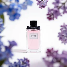 perfume bottle surrounded by artistic, blurred blue and lilac flowers, white background, simple path traced, environment, sephora, dior