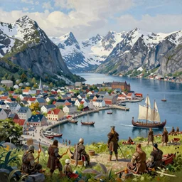 a viking viking busy capital city with a harbor and viking viking ships in summer, norwegian romantic nationalism, epic snowcovered mountains in the background, lush vegetation, vikings, trading, volumetric lighting, ultra detailed, realistic, lost civilizations, masterpiece, 4 k, highly detailed, oil on canvas, smooth, illustration
