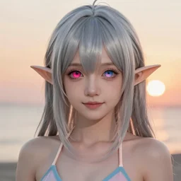 a very cute silver haired girl with elf ears and heterochromatic eyes in the sunset wearing a bikini, digital art, very beautiful face, pretty face, very detailed eyes, highly detailed, cute, by greg rutkowski, alphonse mucha, wlop, artstation
