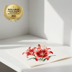 watercolor painting of red lilies on white paper, bright, white table, white walls