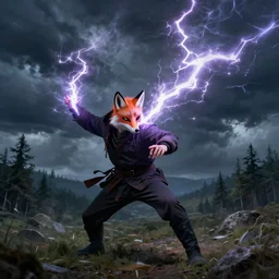 man with a fox mask cast a thunder spell, storm, landscape, trees, artstation