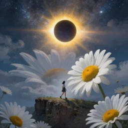 giant white daisies flower head, girl walking on cliff, surreal photography, solar eclipse, milky way, dramatic light, impressionist painting, clouds, digital painting, artstation, james gilleard and liam wong and jeremy mann