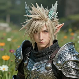 a distant character portrait of an au ra with dragon scale skin standing in a field of flowers wearing armor, in the style of final fantasy xiv, octane render, a realistically proportioned face, photorealistic eyes, good value control, smooth, realistic shading, realistic face details, illustration, substance painter, very highly detailed