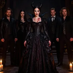 megan fox witch queen, black eyes, blood, full body, intricate victorian dress, middle shot, cinematic lighting, studio quality, symmetrical eyes, caravaggio, artgerm, joshua middleton, rafael albuquerque, krenz cushart, moody lighting, candles