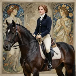 ultra realistic illustration, emma watson on a horse, intricate, elegant, highly detailed, digital painting, artstation, concept art, smooth, sharp focus, illustration, art by artgerm and greg rutkowski and alphonse mucha