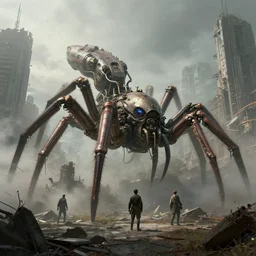 an abandoned dystopian city, by federico pelat and craig mullins, epic steampunk arachnid - shaped machinery, by michael weisheim beresin and james paick and stephan martiniere, concept art, hyperrealism, 8 k resolution, octane render, cinematic, ominous, intricate details, volumetric lighting, misty
