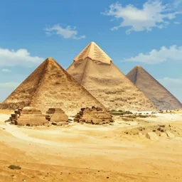 a stunning desert landscape with towering pyramids by makoto shinkai