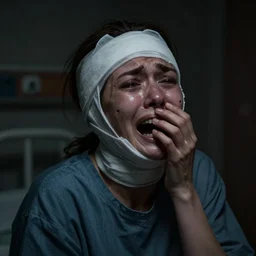 a portrait of a female patient in a mental asylum hospital, pain and anguish and terror in the darkness, crying, torn, extreme sadness, hopeless, bandaged head and face, very dark, depressing, grim, moody, atmospheric lighting, cinematic lighting, expressive, by dave mckean
