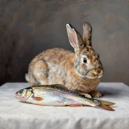 still life painting of a fish rabbit on a white table, realistic, impressionism