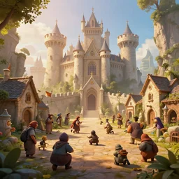 big hazzle at the robust fantasy castle courtyard, calming, uplifting mood, ultra realistic, funny, small buildings, highly detailed, epic lighting, illuminated, cinematic, morning, art by eddie mendoza