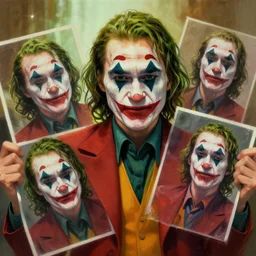 the joker holding pictures of Margot Robbie, digital painting, amazing detail, artstation, cgsociety