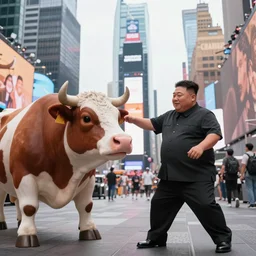 Kim Jong Un fighting a giant cow in times square