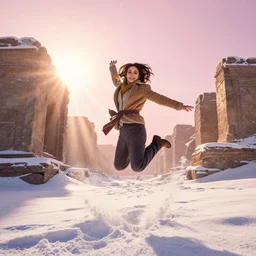 epic face portrait of warmly clothed Mila Kunis jumping into deep snow, ancient ruins, prism sun rays through wind swept snow, pink golden hour, intricate, highly detailed, epic vista, very crispy, Ralph Horsley, Daniel F. Gerhartz, Artgerm, Boris Villajo, Lilia Alvarado