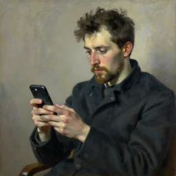 A photorealistic painting of a man looking at his iphone in the style of Eugene de Blaas