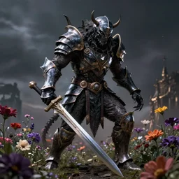 hyperrealistic neo - gothic cinematic monster with armor holding sword in a field of flowers, highly detailed smooth digital art masterpiece, vitaly bulgarov dramatic low light, ground angle uhd 8 k, sharp focus