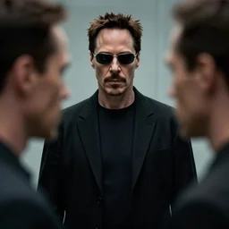 cinematic still of Tony Stark in The Matrix (1999), XF IQ4, f/1.4, ISO 200, 1/160s, 8K, RAW, dramatic lighting, symmetrical balance, in-frame