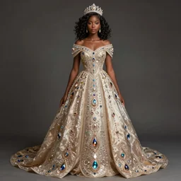 full body portrait of young black woman as a princess, beautiful long flowing gown, intricate, beautiful gleaming jewels, highly detailed, digital painting, artstation, concept art, smooth, sharp focus, illustration, art by wlop, mars ravelo and greg rutkowski