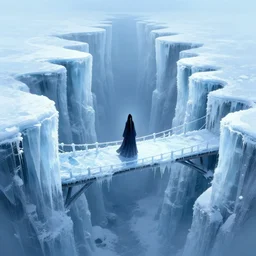 ice witch standing in a frozen bridge over massive chasm, by victo ngai, kilian eng vibrant colours, dynamic lighting, digital art, winning award masterpiece, fantastically beautiful, illustration, aesthetically inspired by beksinski and dan mumford, trending on artstation, art by greg rutkowski, 8 k