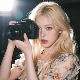 pale young woman with bright blonde hair, freckles, gray eyes and a wide face, flowery dress, she is holding a professional dslr camera close to her face with one hand, dramatic lighting, bright flare, expressive, surrealist art by conrad roset
