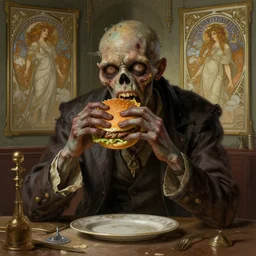 zombie eating a burger in a room, d & d, fantasy, intricate, elegant, highly detailed, digital painting, artstation, concept art, matte, sharp focus, illustration, hearthstone, art by artgerm, art by greg rutkowski, art by alphonse mucha