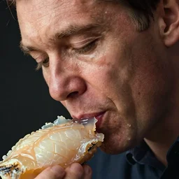 closeup headshot photo of the norwegian man passionately tasting the best gelatinous lutefisk, detailed face details