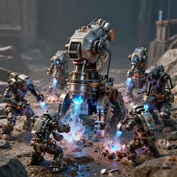 a group of automatic mining machines that extract energy crystals from the rock, close up peter mohrbacher, featured on artstation, octane render, cinematic, rugged, intricate, 8 k