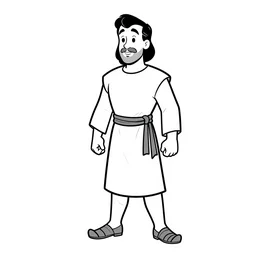 white background. Man in Biblical clothing in the style of a black and white 1940s disney character reference sheet, ink outlines.
