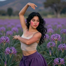 beautiful tan mexican woman, landscape, dancing in a field of dragon lily, prominent rosy cheek bones, black hair and brown eyes, monet and da vinchi art style,