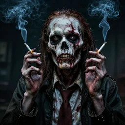 horrific cinematic image of zombie smoking a cigarette