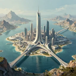 a futuristic city surrounded by water and mountains with bridges over water, a detailed matte painting by Jon McCoy and Zaha Hadid, trending on cgsociety, retrofuturism, matte painting, concept art, artstation
