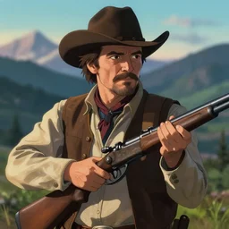 old pedro pascal as a cowboy with a beautiful rifle, single subject, mountaineous background, scenic full shot, ambient lighting, detailed face, by makoto shinkai, stanley artgerm lau, wlop, rossdraws