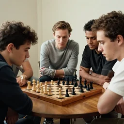 “ a group of matty healys sit around a game of chess ”